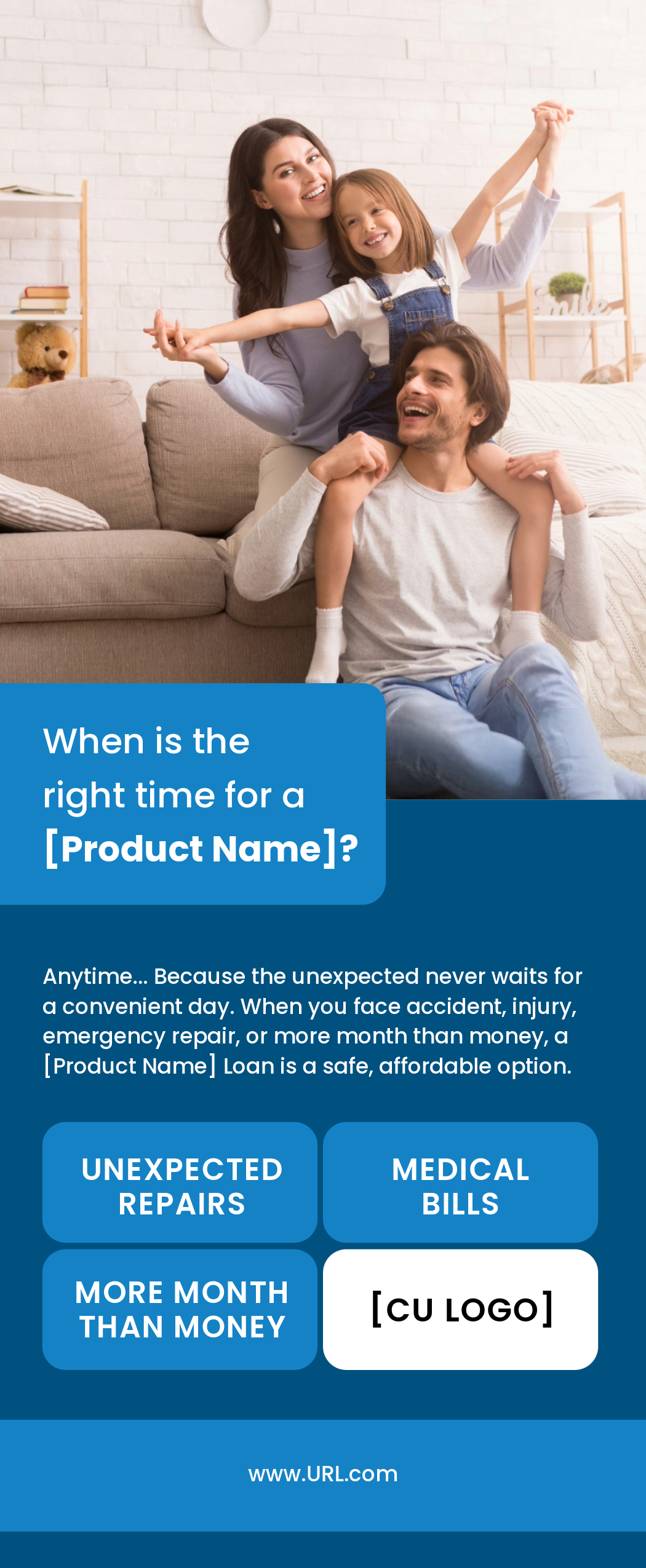 Image of a brochure promoting using a QCash loan for unexpected repairs, medical bills, and more month than money.