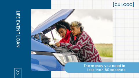 Two women on the side of the road looking under the hood of a car. Ad reads: "Life Event Loan: The money you need in less than 60 seconds."