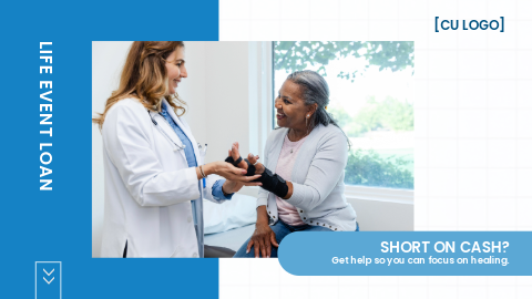 Woman with a brace on her wrist sitting on an exam table speaking with a doctor. Ad reads: "Life Event Loan: Short on cash? Get help so you can focus on healing."