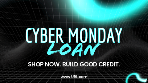 Techy background with grid and neon swirls. Text reads: "Cyber Monday Loan. Shop Now. Build Good Credit."