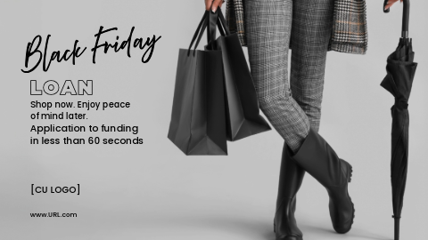 Woman holding shopping bags. Ad reads "Black Friday Loan: Shop Now. Enjoy peace of mind later. Application to funding in less than 60 seconds."