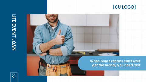 Man with toolbelt giving a thumbs up in a kitchen. Ad reads: "Life Event Loan: When home repairs can't wait, get the money you need fast."