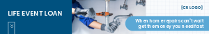 Hand using a wrench on plumbing pipes under a kitchen sink. Ad reads, "Life Event Loan. When home repairs can't wait, get the money you need fast."