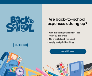 Various school supplies including backpack, ruler, paint, textbooks, etc. Ad reads: "Are back-to-school expenses adding up? Get the cash you need in less than 60 seconds, no credit check required, apply in digital banking."