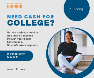 Various school supplies including backpack, ruler, paint, textbooks, etc. Ad reads: "Are back-to-school expenses adding up? Get the cash you need in less than 60 seconds, no credit check required, apply in digital banking."