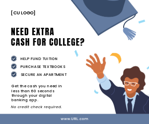 A graduate throwing his cap in the air. Ad reads: "Need extra cash for college? Help fund tuition, purchase textbooks, secure an apartment. Get the cash you need in less than 60 seconds through your digital banking app. No credit check required,."