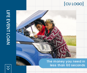 Two women on the side of the road looking under the hood of a car. Ad reads: "Life Event Loan: The money you need in less than 60 seconds."