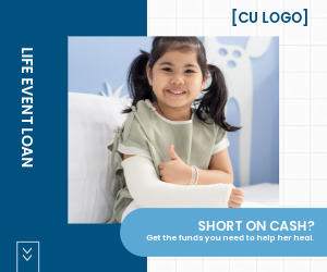 Young girl in hospital gown with arm in cast. Ad reads: "Life event loan: Short on cash? Get the funds you need to help her heal."