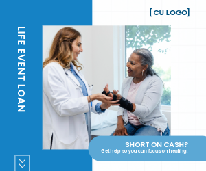 Woman with a brace on her wrist sitting on an exam table speaking with a doctor. Ad reads: "Life Event Loan: Short on cash? Get help so you can focus on healing."