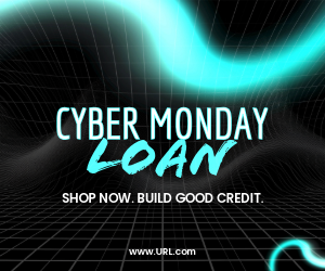 Techy background with grid and neon swirls. Text reads: "Cyber Monday Loan. Shop Now. Build Good Credit."