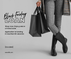 Woman holding shopping bags. Ad reads "Black Friday Loan: Shop Now. Enjoy peace of mind later. Application to funding in less than 60 seconds."
