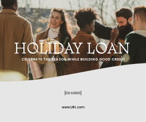 A group of smiling friends hugging and holding gift boxes. Ad reads, "Holiday Loan. Celebrate the season while building good credit."