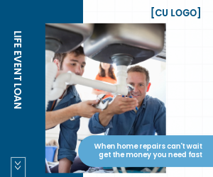 Two men using wrenches on plumbing pipes under a kitchen sink. Ad reads, "Life Event Loan. When home repairs can't wait, get the money you need fast."