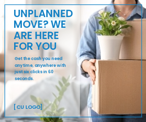 Woman carrying moving box and potted plant. Ad reads: "Unplanned move? We are here for you. Get the cash you need anytime, anywhere with just six clicks in 60 seconds."