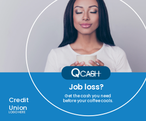 A woman looking peaceful and holding a cup of coffee. Ad reads: "Job loss? Get the cash you need before your coffee cools."