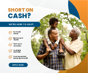 Grandfather, father and son smiling at each other. Ad reads: "Short on cash? We're here to help! No credit check, borrow up to $2,000, term up to 12 months, available 24/7/365, loan repayment builds good credit."