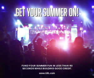 A crowd enjoying a concert with lots of lights. Ad reads, "Get your summer on! Fund your summer fun in less than 60 seconds while building good credit."