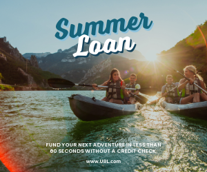 Two canoes each filled with a man and woman on a lake with mountains and sunshine in the background. Ad reads, "Summer Loan. Fund your next adventure in less than 60 seconds without a credit check."