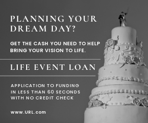 A 5-tiered wedding cake. Ad reads, "Planning your dream day? Get the cash you need to help bring your vision to life. Life Event Loan. Application to funding in less than 60 seconds with no credit check."