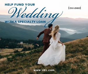 A bride and groom walking on a hilltop with a river valley in the background. Ad reads: "Help fund your wedding with a Specialty Loan."
