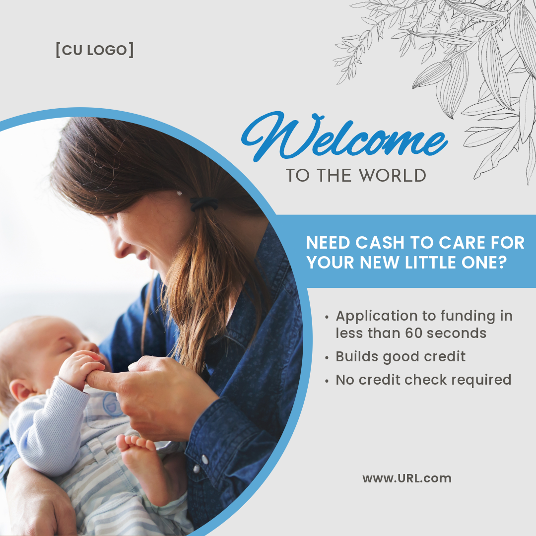 Woman holding newborn baby. Ad reads: "Welcome to the world. Need cash to care for your new little one? Application to funding in less than 60 seconds, builds good credit, no credit check required."