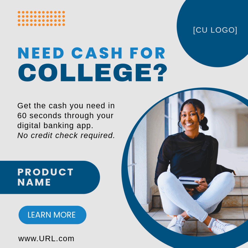 Various school supplies including backpack, ruler, paint, textbooks, etc. Ad reads: "Are back-to-school expenses adding up? Get the cash you need in less than 60 seconds, no credit check required, apply in digital banking."