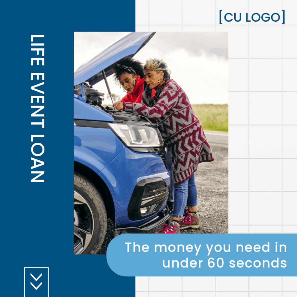 Two women on the side of the road looking under the hood of a car. Ad reads: "Life Event Loan: The money you need in less than 60 seconds."