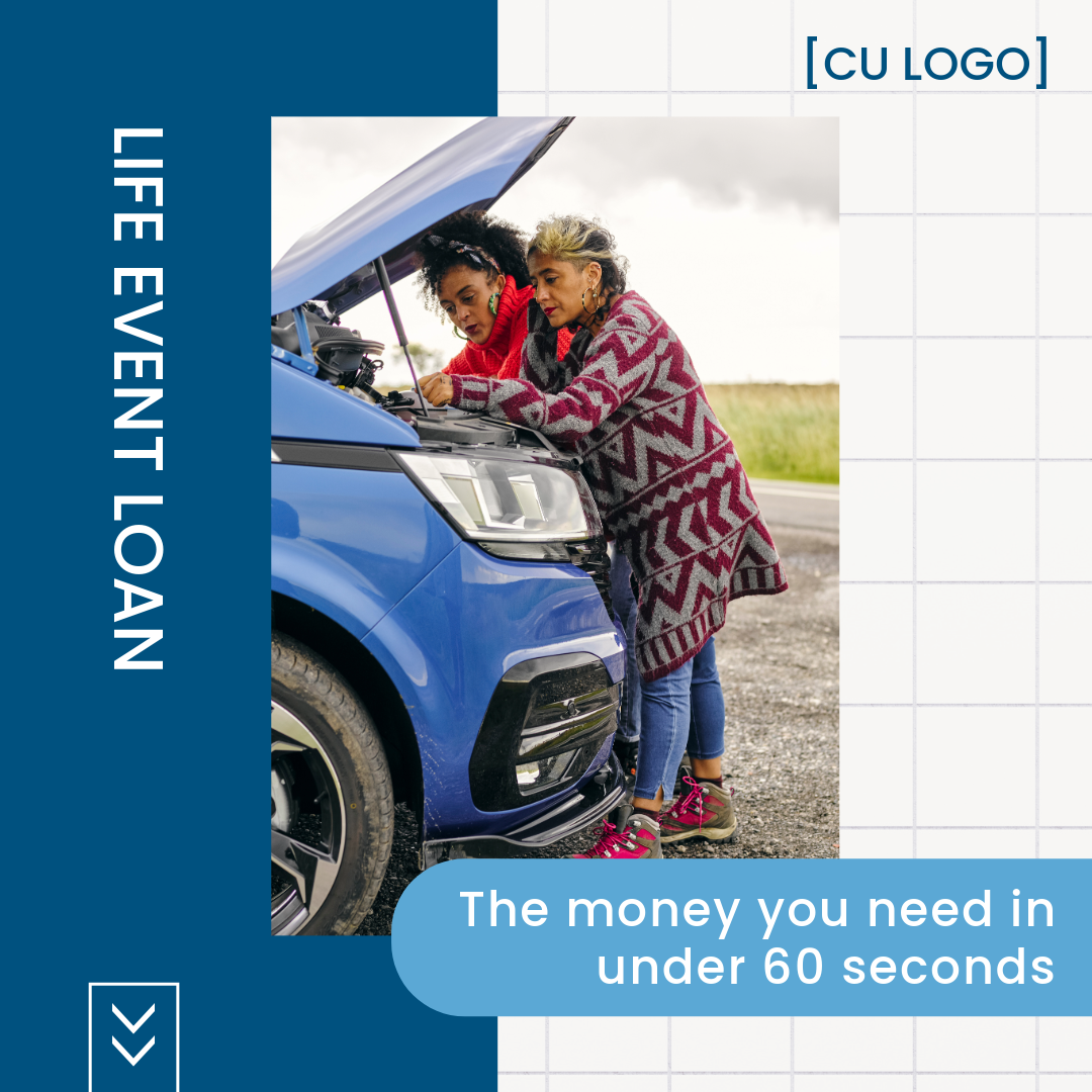 Two women on the side of the road looking under the hood of a car. Ad reads: "Life Event Loan: The money you need in less than 60 seconds."