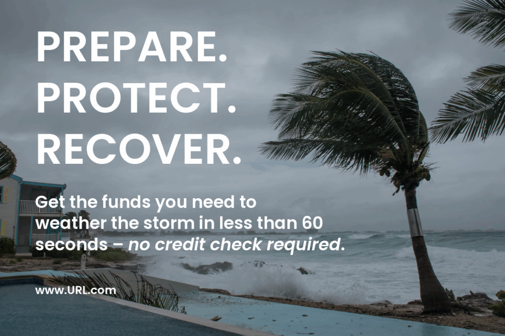 A beach with crashing waves and palm trees blowing in the wind. Ad reads, "Prepare. Protect. Recover. Get the funds you need to protect what matters most in less than 60 seconds - no credit check required."