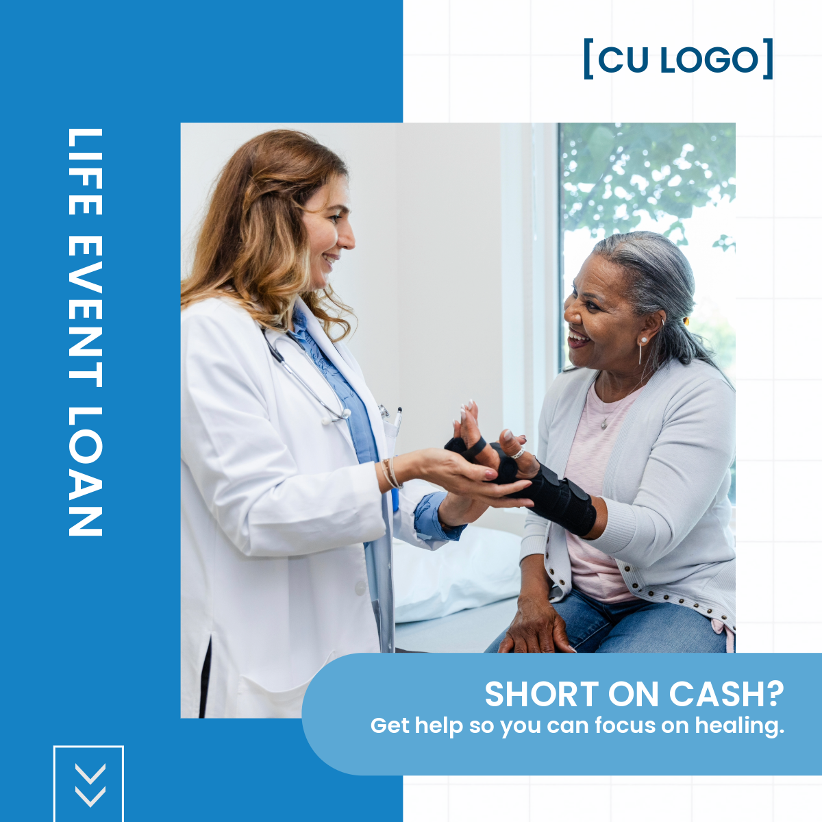 Woman with a brace on her wrist sitting on an exam table speaking with a doctor. Ad reads: "Life Event Loan: Short on cash? Get help so you can focus on healing."