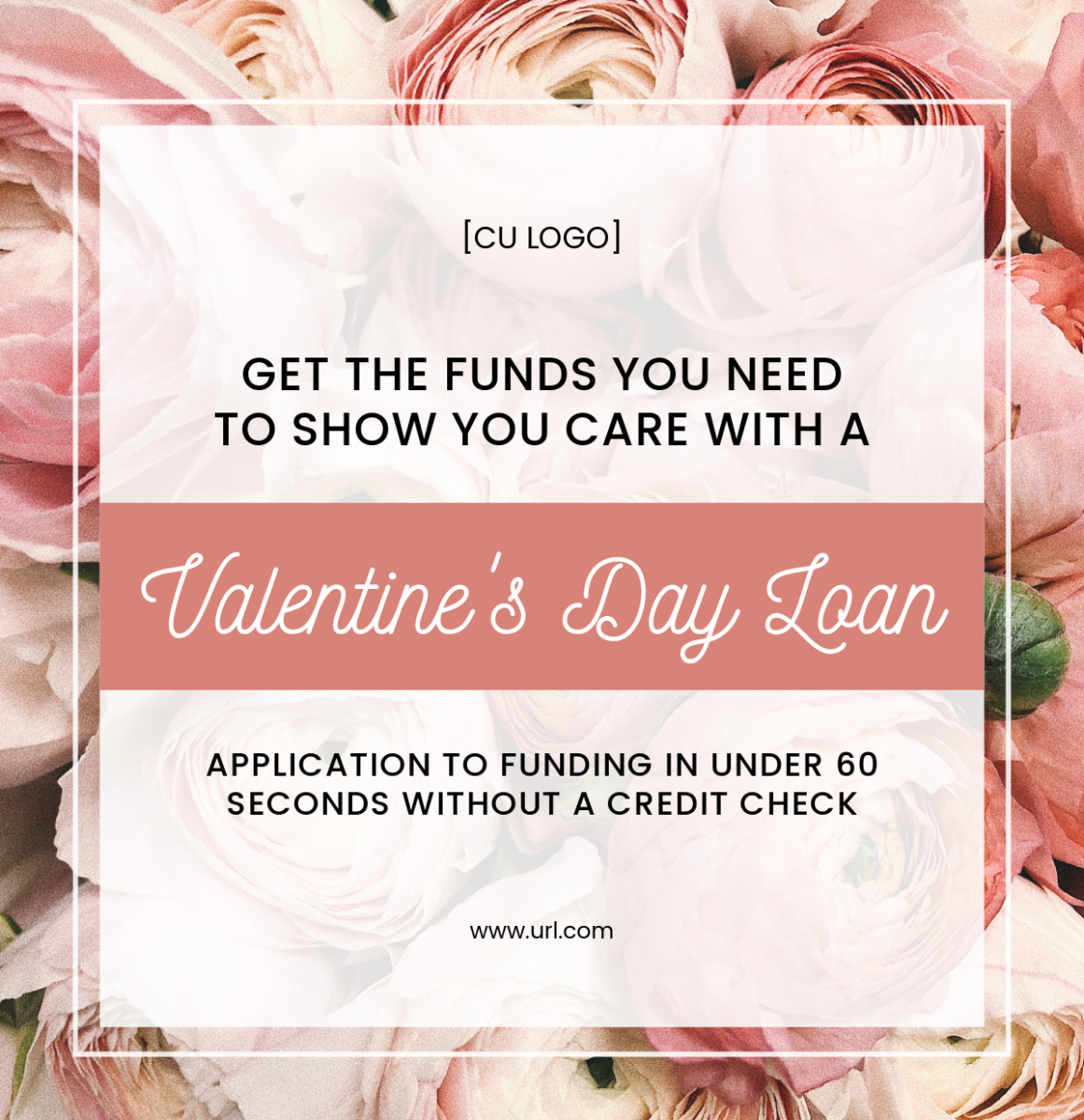 Bouquet of pink flowers in background. Ad reads, "Get the funds you need to show you care with a Valentine's Day Loan. Application to funding in under 60 seconds without a credit check."