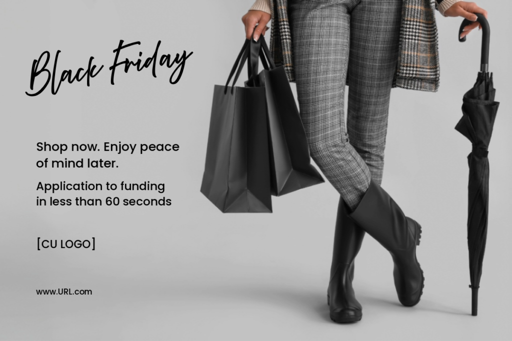 Woman holding shopping bags. Ad reads "Black Friday Loan: Shop Now. Enjoy peace of mind later. Application to funding in less than 60 seconds."