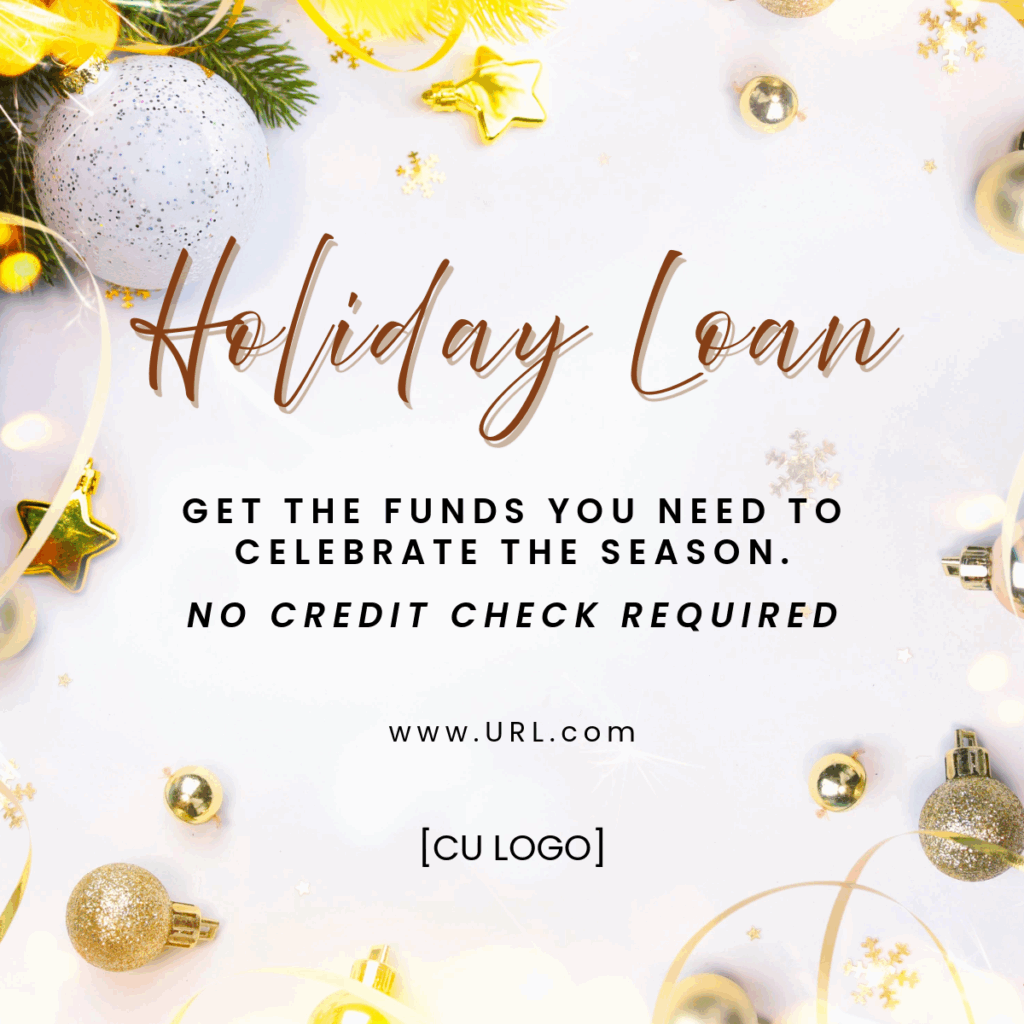 Scattered ornaments and ribbon. Ad reads, "Holiday Loan. Get the funds you need to celebrate the season. No credit check required."