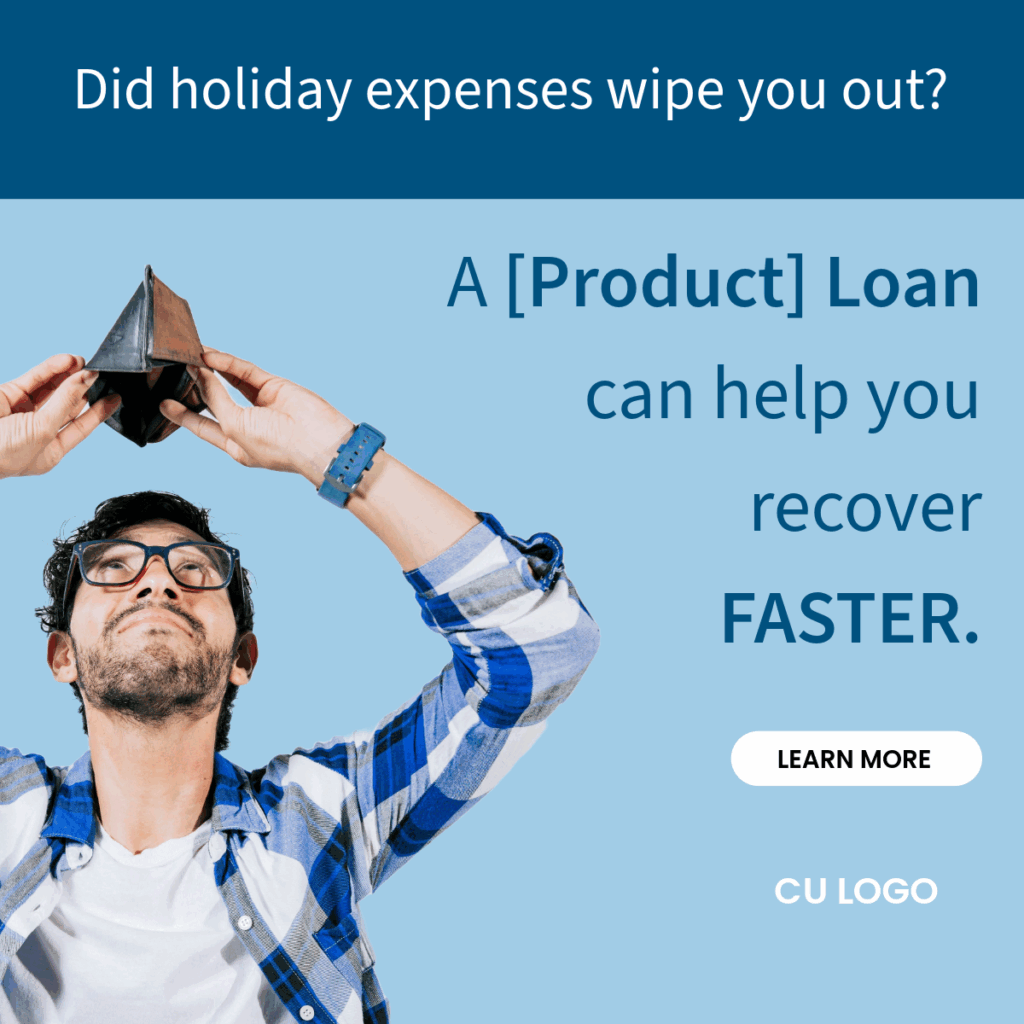 A man holding an upturned empty wallet above his head. Ad reads, "Did holiday expenses wipe you out? A [Product] Loan can help you recover faster."