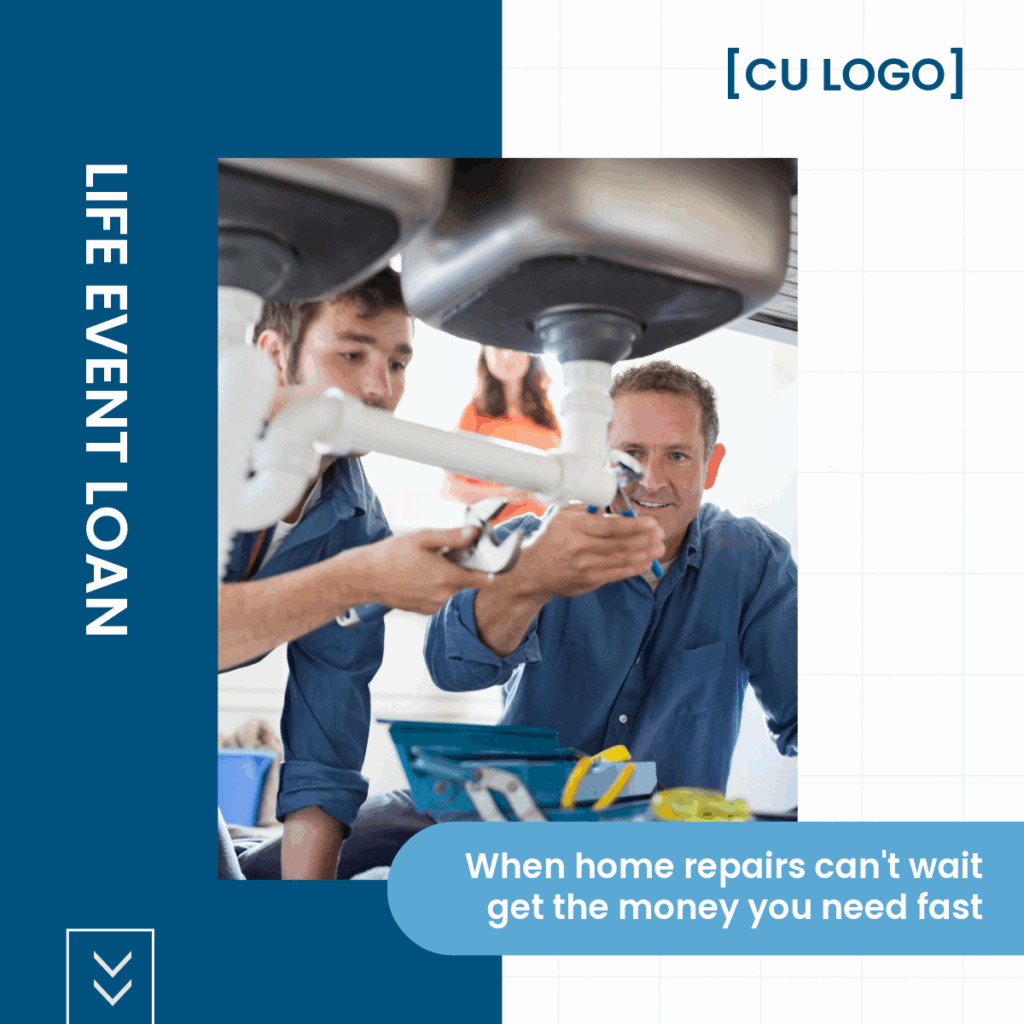 Two men using wrenches on plumbing pipes under a kitchen sink. Ad reads, "Life Event Loan. When home repairs can't wait, get the money you need fast."