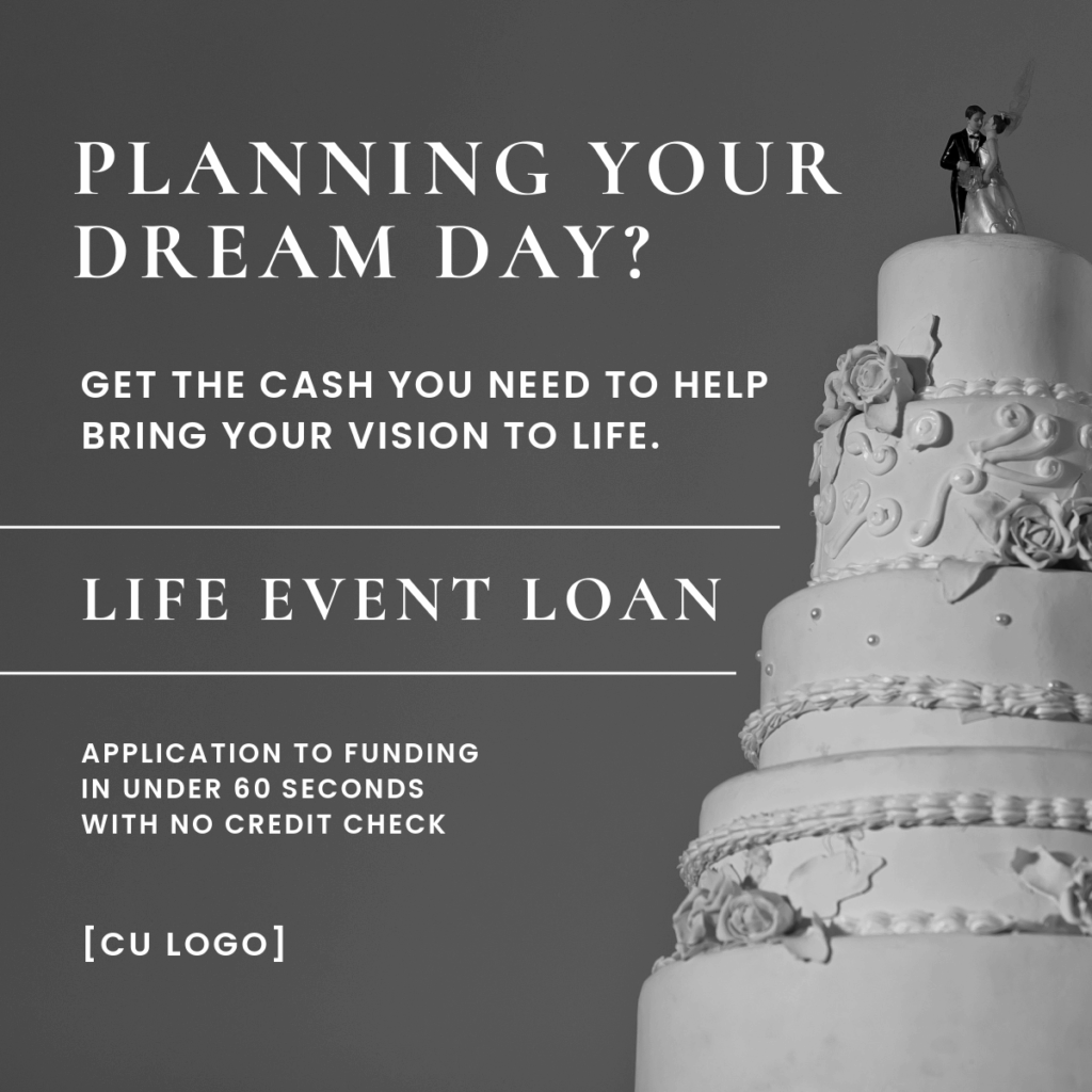 A 5-tiered wedding cake. Ad reads, "Planning your dream day? Get the cash you need to help bring your vision to life. Life Event Loan. Application to funding in less than 60 seconds with no credit check."