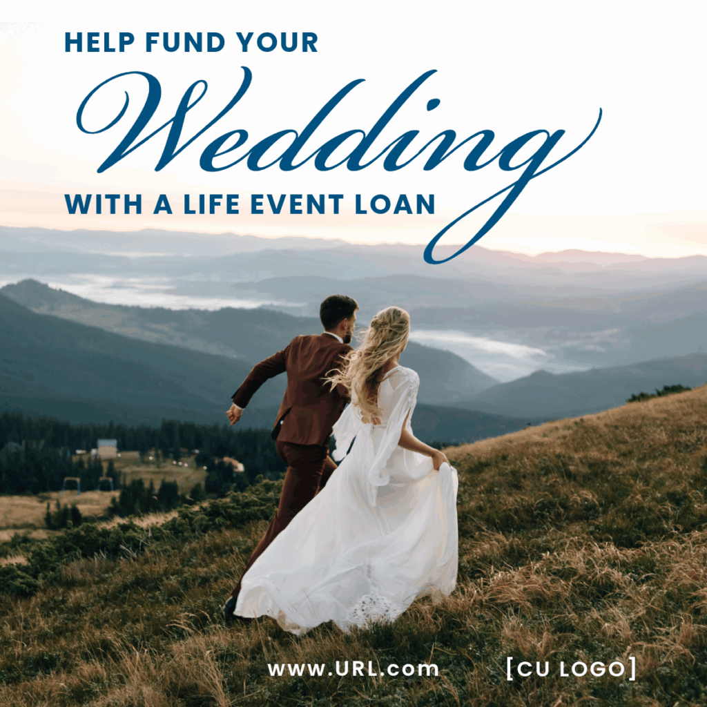 A bride and groom walking on a hilltop with a river valley in the background. Ad reads: "Help fund your wedding with a Specialty Loan."