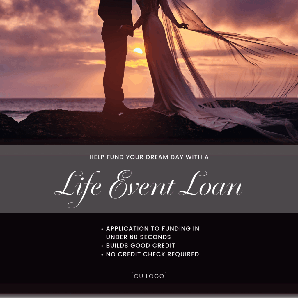 A bride and groom standing on a rock cliff in front of an ocean with a sunset. Ad reads, "Help fund your dream day with a Life Event Loan. Application to funding in under 60 seconds, builds good credit, no credit check required."