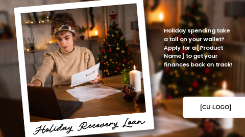 Woman sitting at table with a pile of bills and a laptop. A Christmas tree is in the background.