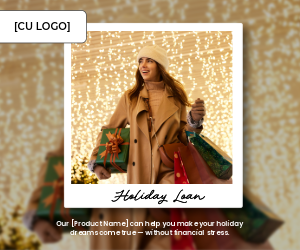 A young woman dressed in winter clothing carries red and green wrapped packages and walks beneath Christmas lights.