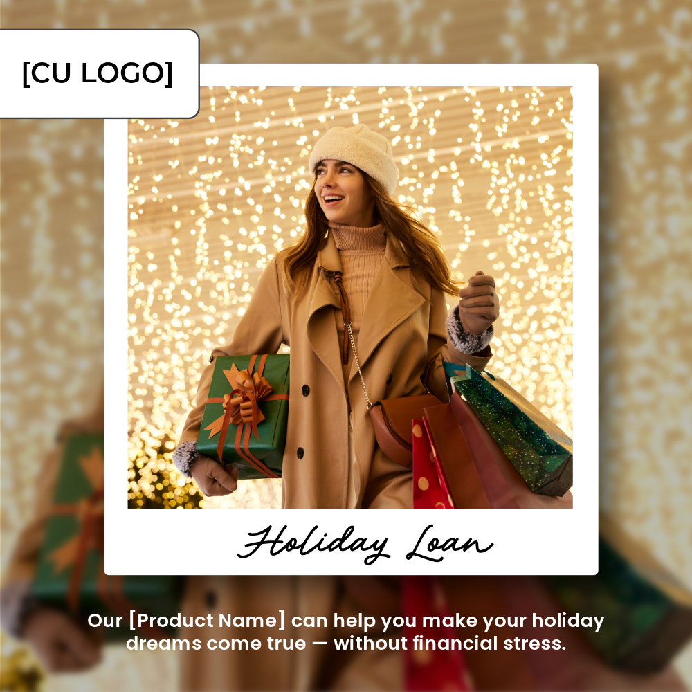 A young woman dressed in winter clothing carries red and green wrapped packages and walks beneath Christmas lights.